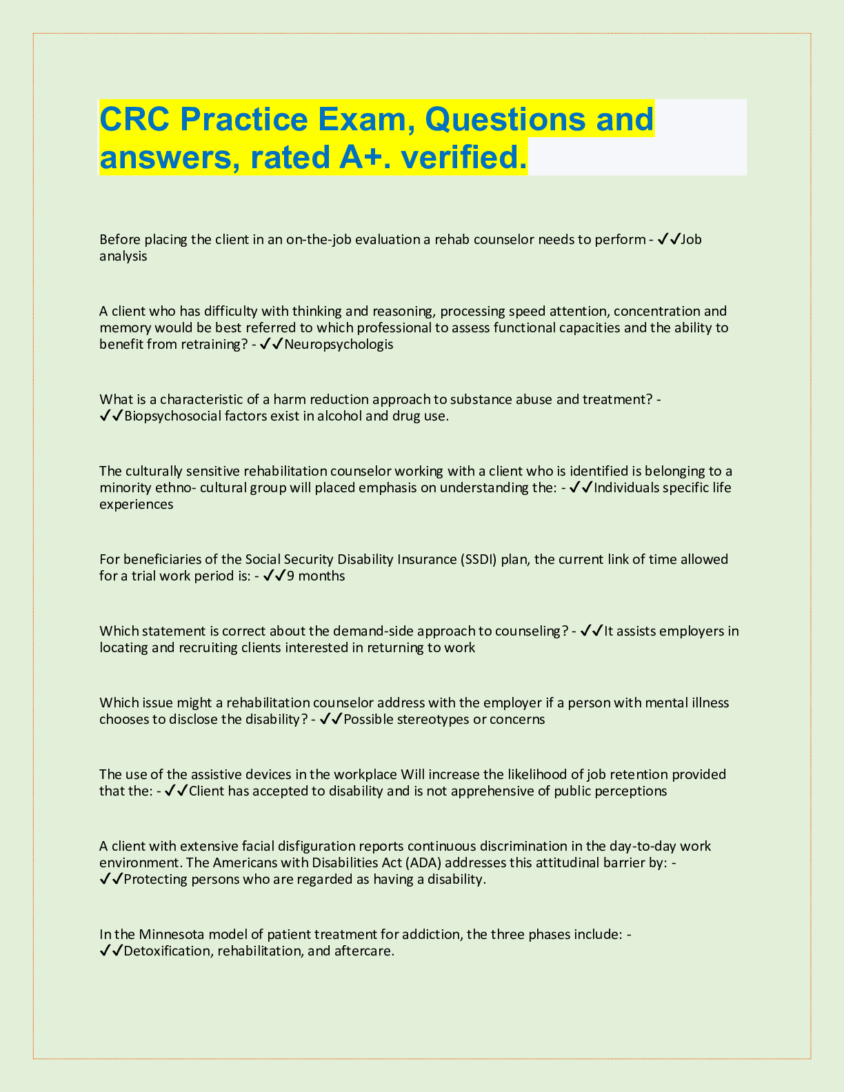 Preview image for CRC Practice Exam, Questions and  answers, rated A+. verified.